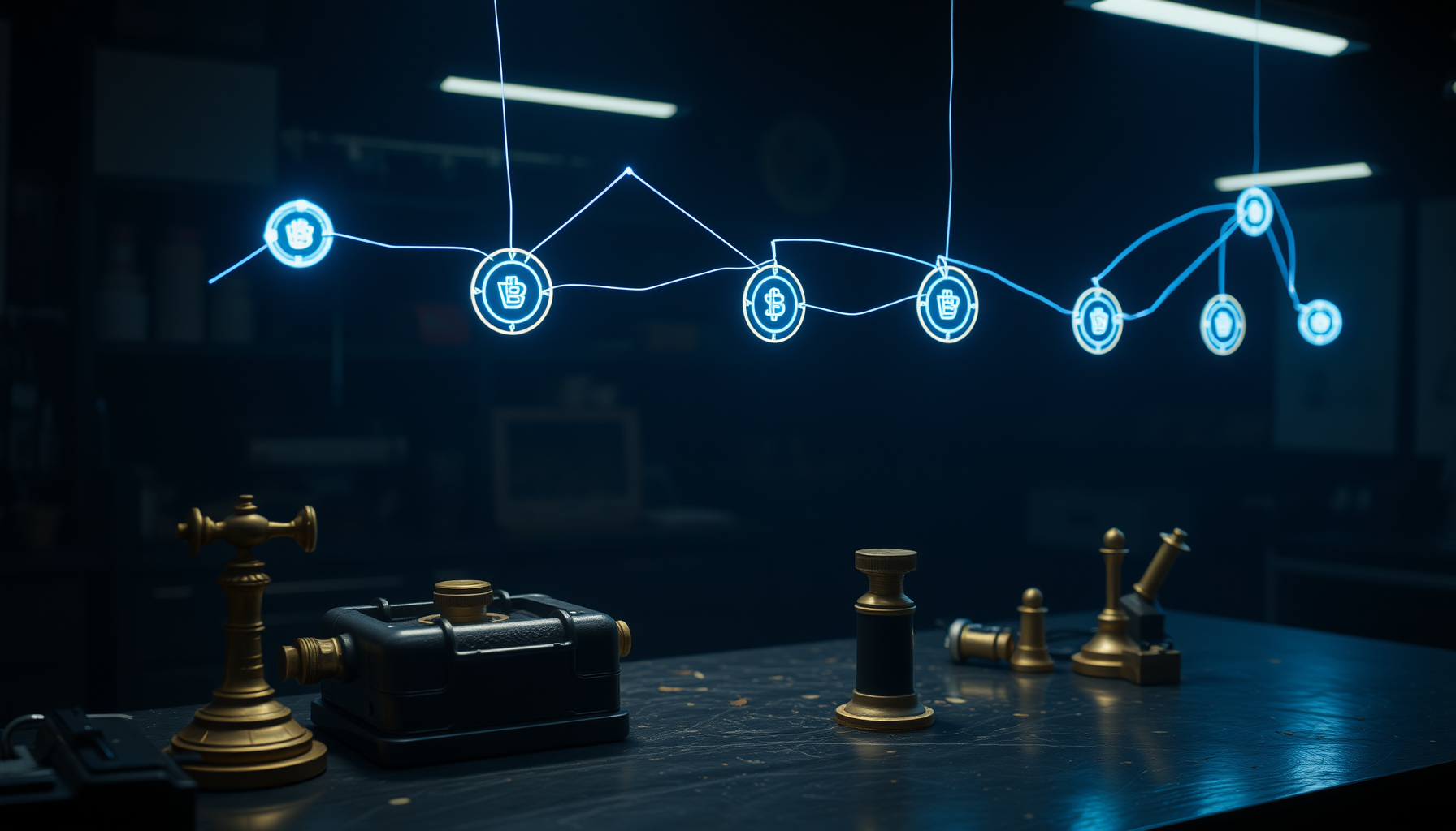 Wide night-time workbench with glowing sapphire circuit tokens for ten open-source tools beside brass instruments