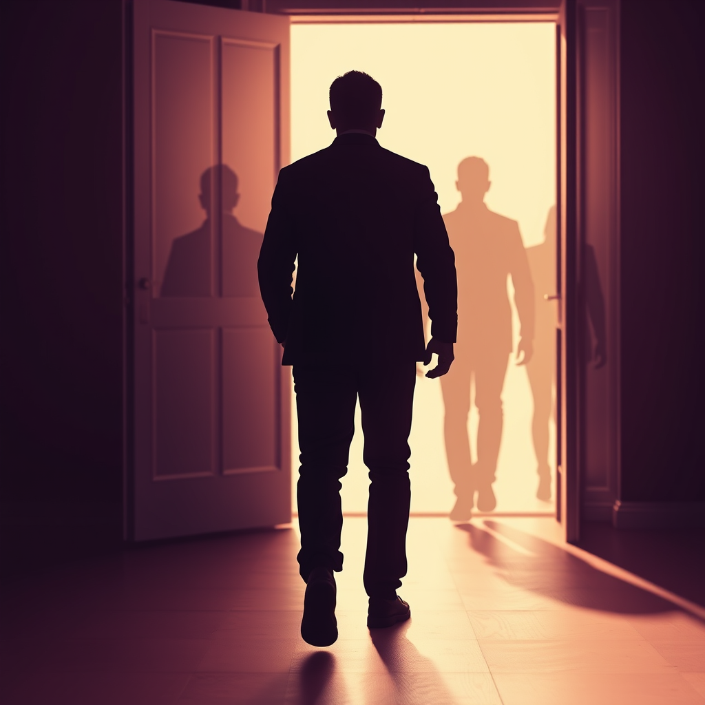 Editorial illustration in deep plum and warm cream showing the back of a person walking through an open doorway into soft light, with translucent layered silhouettes fading behind them, evoking AI's human impact.