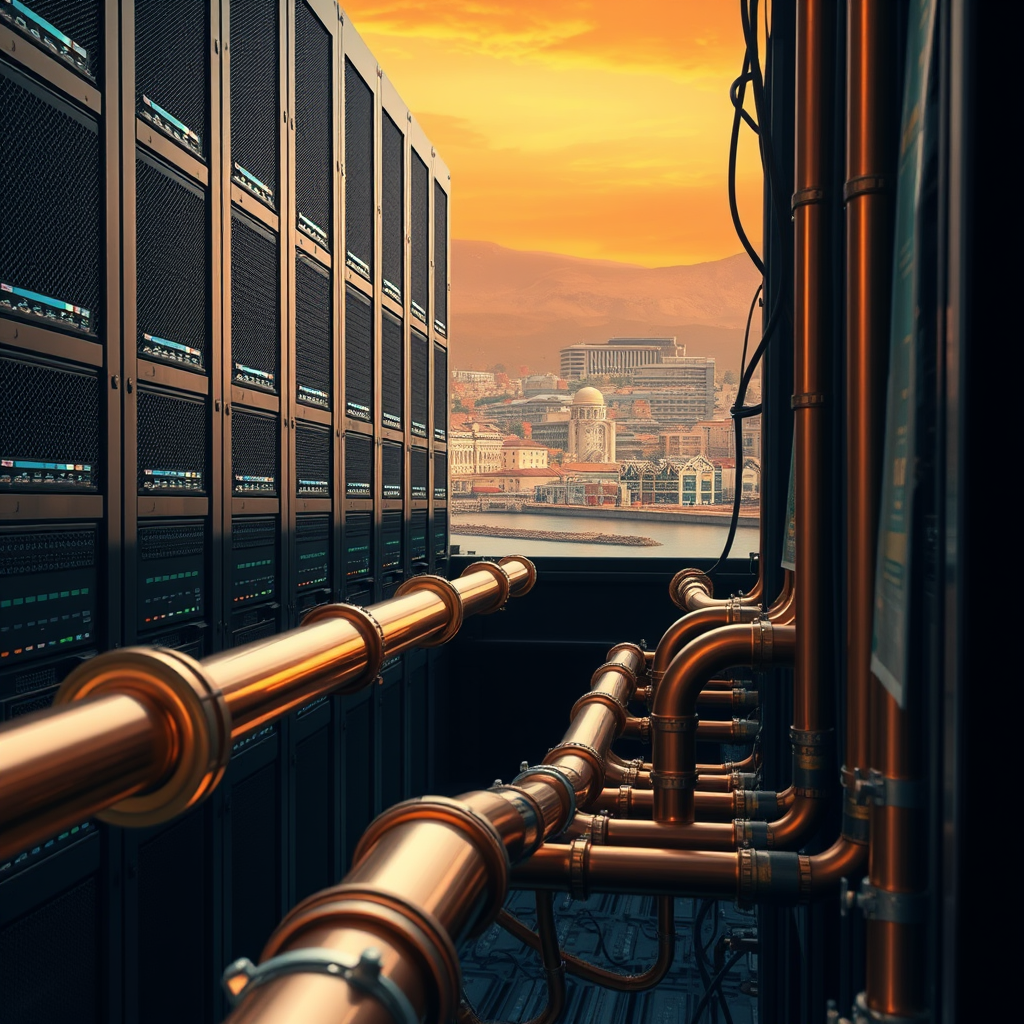 Editorial illustration of a high-density AI data centre beside a stressed reservoir, with copper cooling pipes linking the server hall to a municipal water system beneath a hot orange sky.