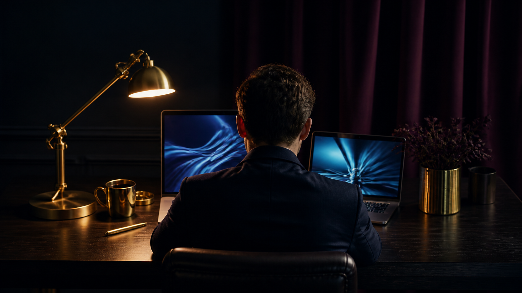 A person seen from behind at a dark wood desk with glowing laptop screens, warm gold lamp light, brass pen, cold coffee cup, and plum-violet curtain in the background — midnight-navy mood, cinematic editorial style.