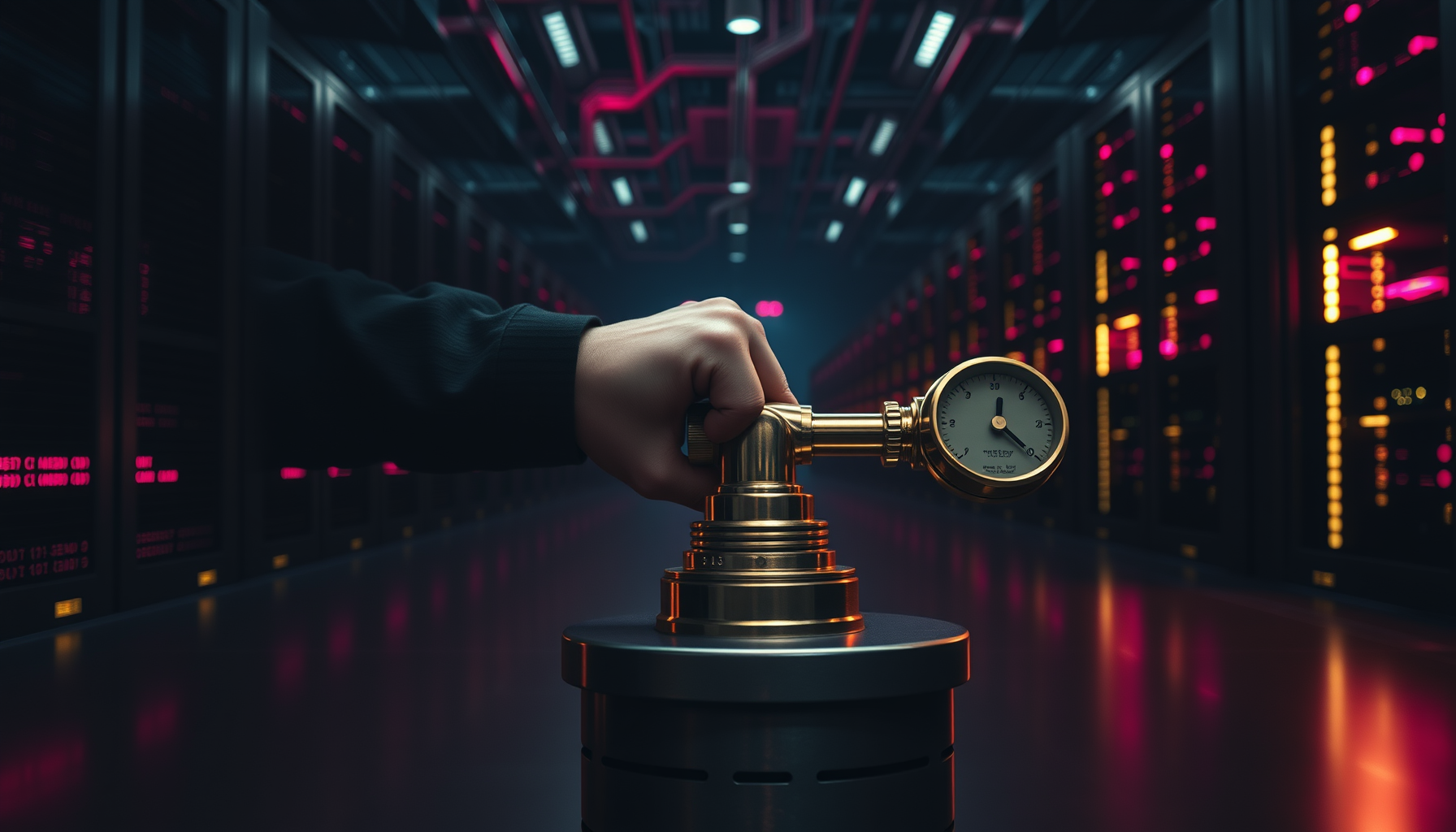 A vast dark data-centre hall lit ruby and plum, with a polished brass industrial throttle lever in the foreground being pulled back on a machined metal pedestal.