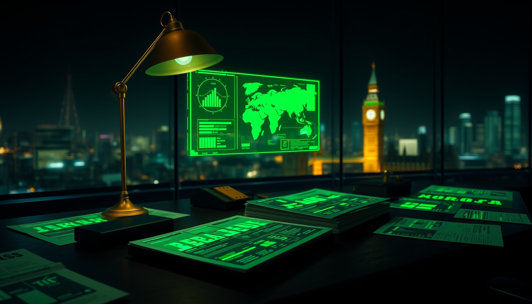 Wide cinematic newsroom collage at night, glowing emerald headlines and charts above a desk, gold and platinum reflections on dark glass.
