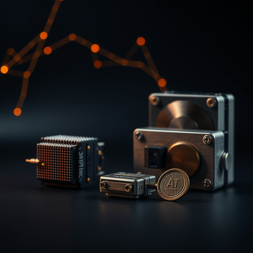 A text-free editorial still life showing a compact AI compute module, branching agent pathways and a provenance seal in orange and gold light.