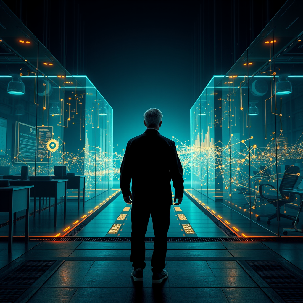 A serious editorial illustration showing a person choosing between technology, work, education and community as artificial intelligence changes society.