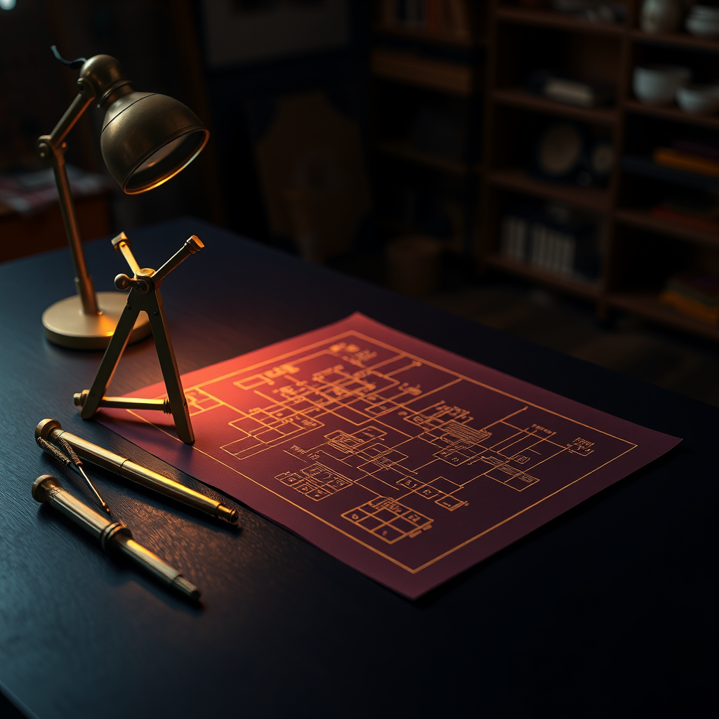 Brass drafting instruments and a small mechanical arm resting over glowing gold interface schematics on a navy and plum designer's workbench.