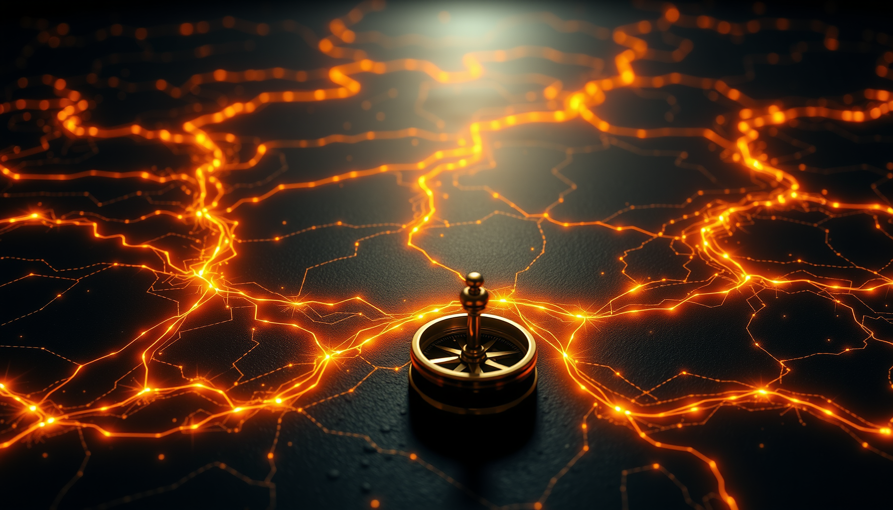 Wide night-time scene of glowing orange decentralised network paths spreading across a dark map with brass compass
