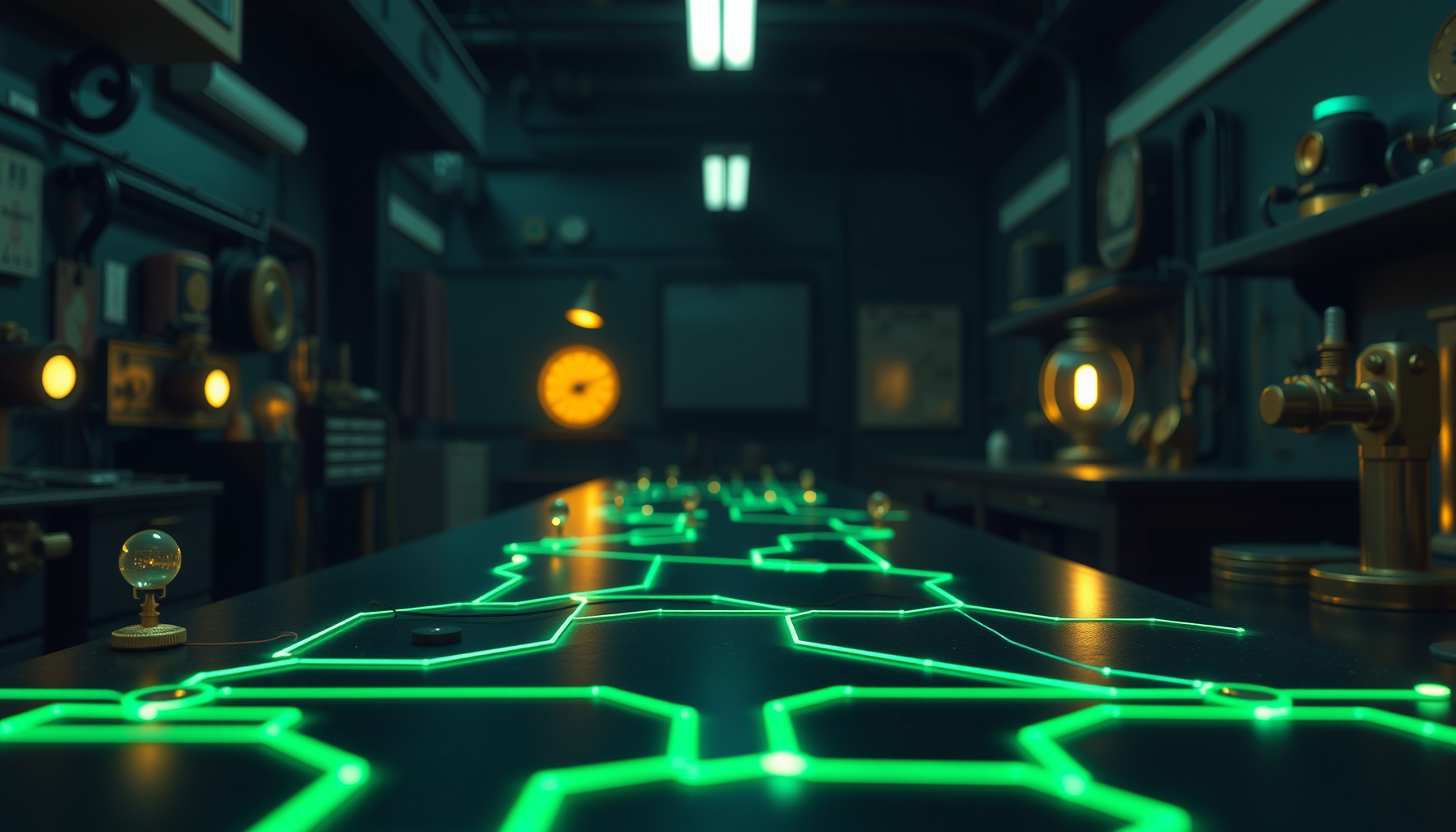 Wide night-time workshop bench with glowing green circuit traces and brass instruments mapping free AI model routes