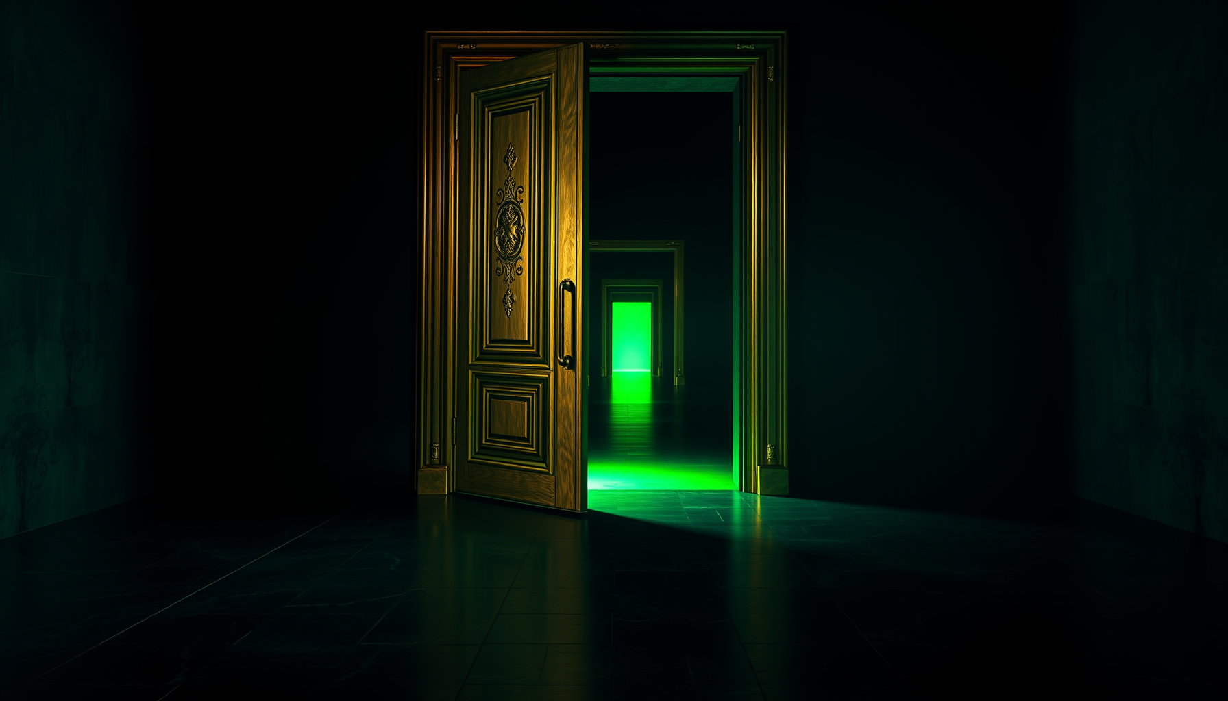 A vast dark hall with a tall open brass-framed doorway whose threshold glows emerald green, revealing the same hall repeating and receding into darkness beyond it.