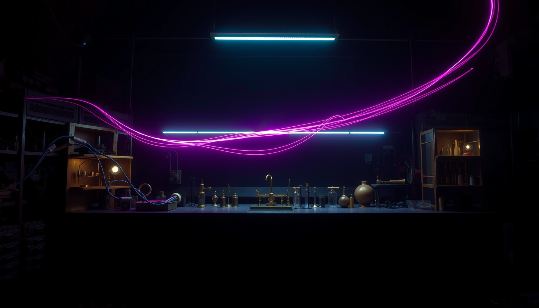 Wide night-time laboratory scene with violet plum light tracing recursive looping paths above brass instruments