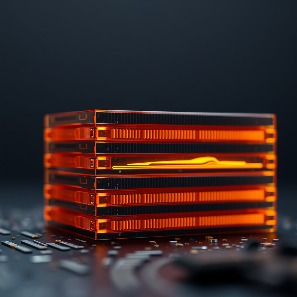 Editorial illustration of stacked translucent memory modules in deep orange and charcoal, with a glowing bottleneck motif formed by tightening horizontal bands, lit like a dark studio product shot.