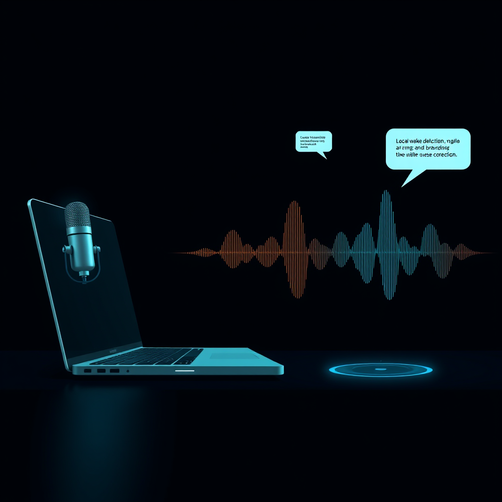 Editorial illustration of a voice-enabled AI agent using local wake-word detection, streaming speech and interruption-aware conversation.