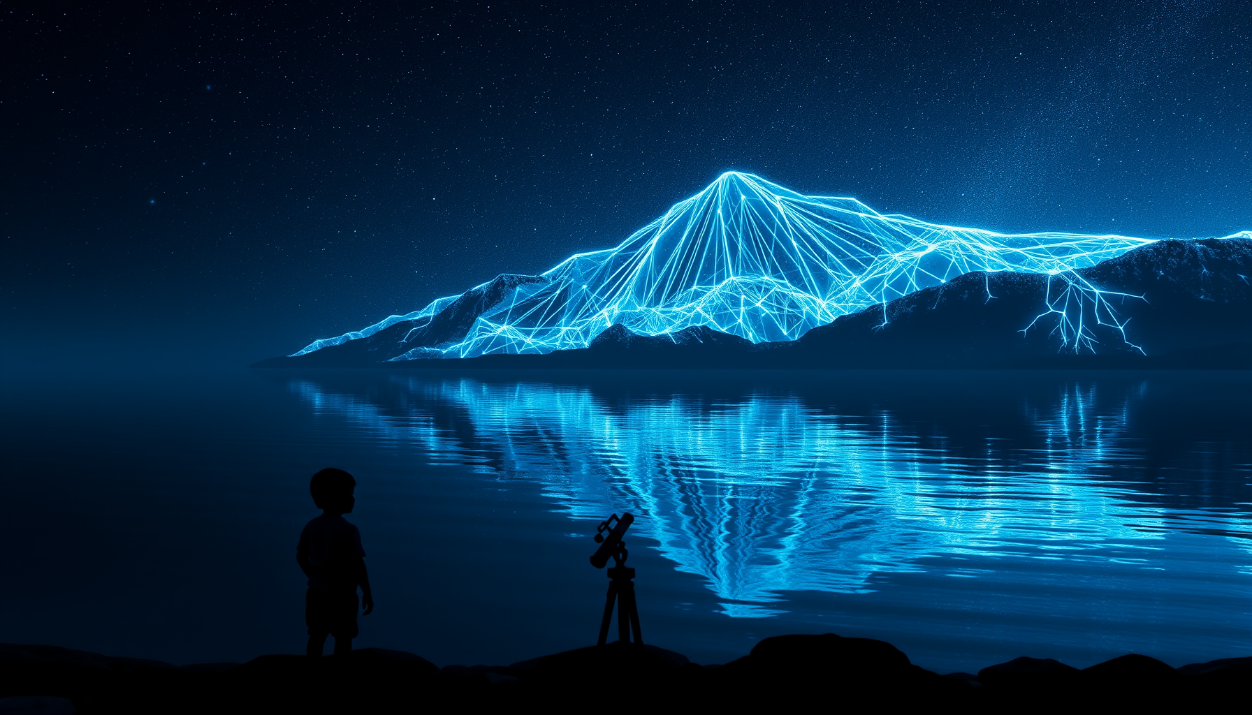 Wide cinematic scene of a small child silhouette facing a vast glowing sapphire-blue neural lattice over dark water, gold reflections below.