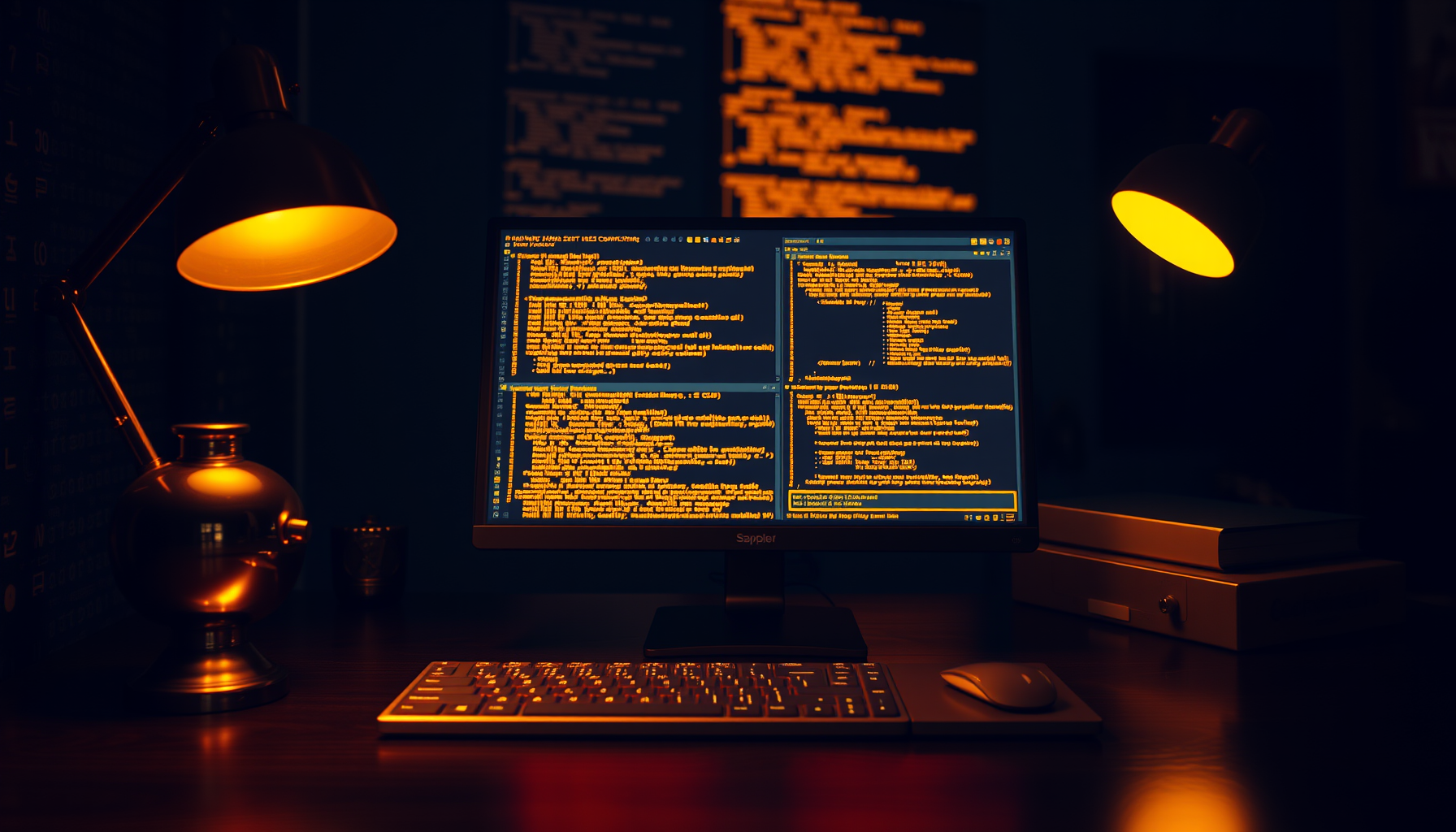 Wide cinematic editor's desk at night, a glowing burnt-orange code terminal beside a brass desk lamp, deep navy shadows with gold reflections.