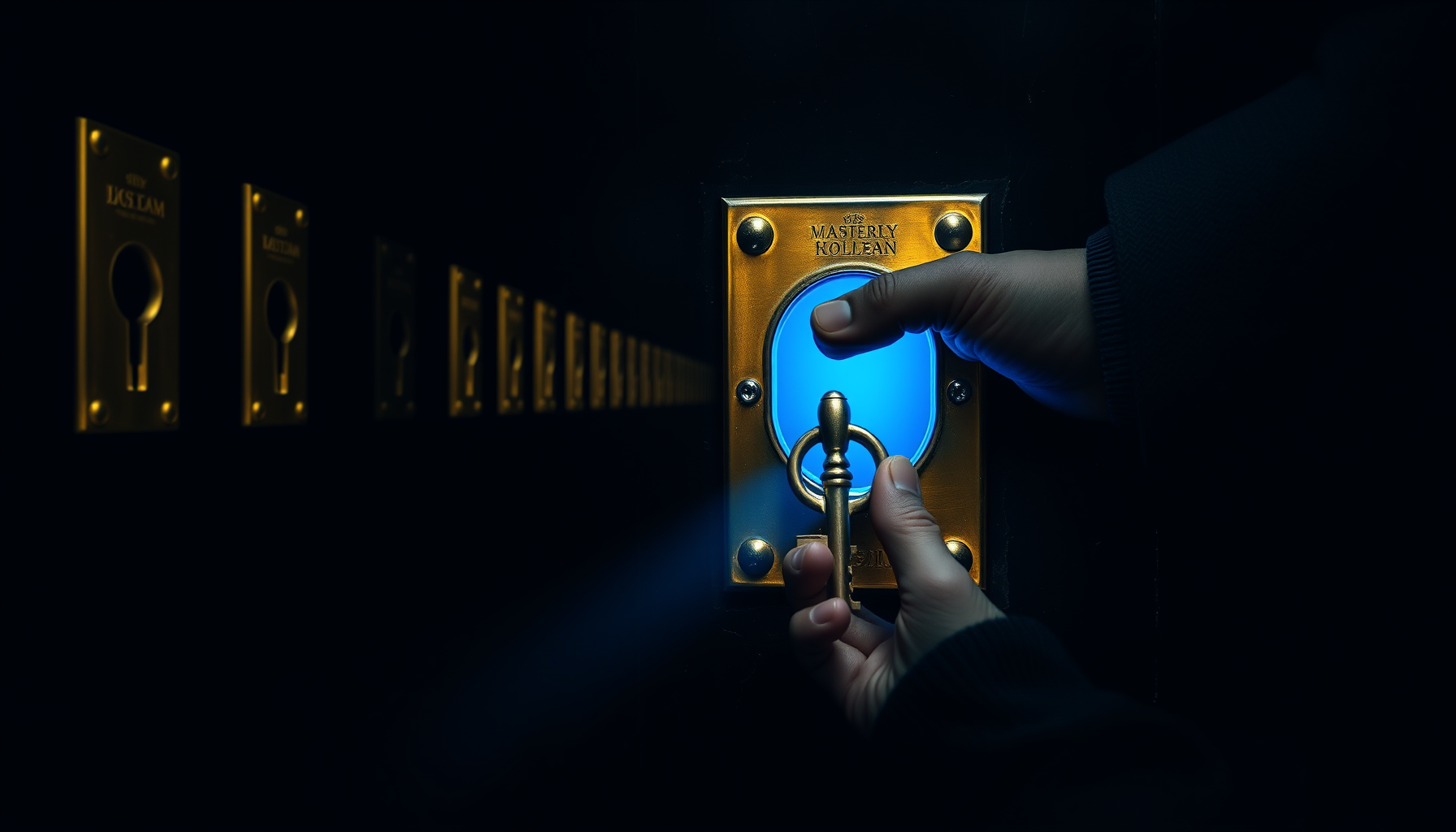 A dark gallery of identical aged-brass keyholes in a black wall, one of them glowing sapphire blue while a brass key turns in it, the rest cold and empty.