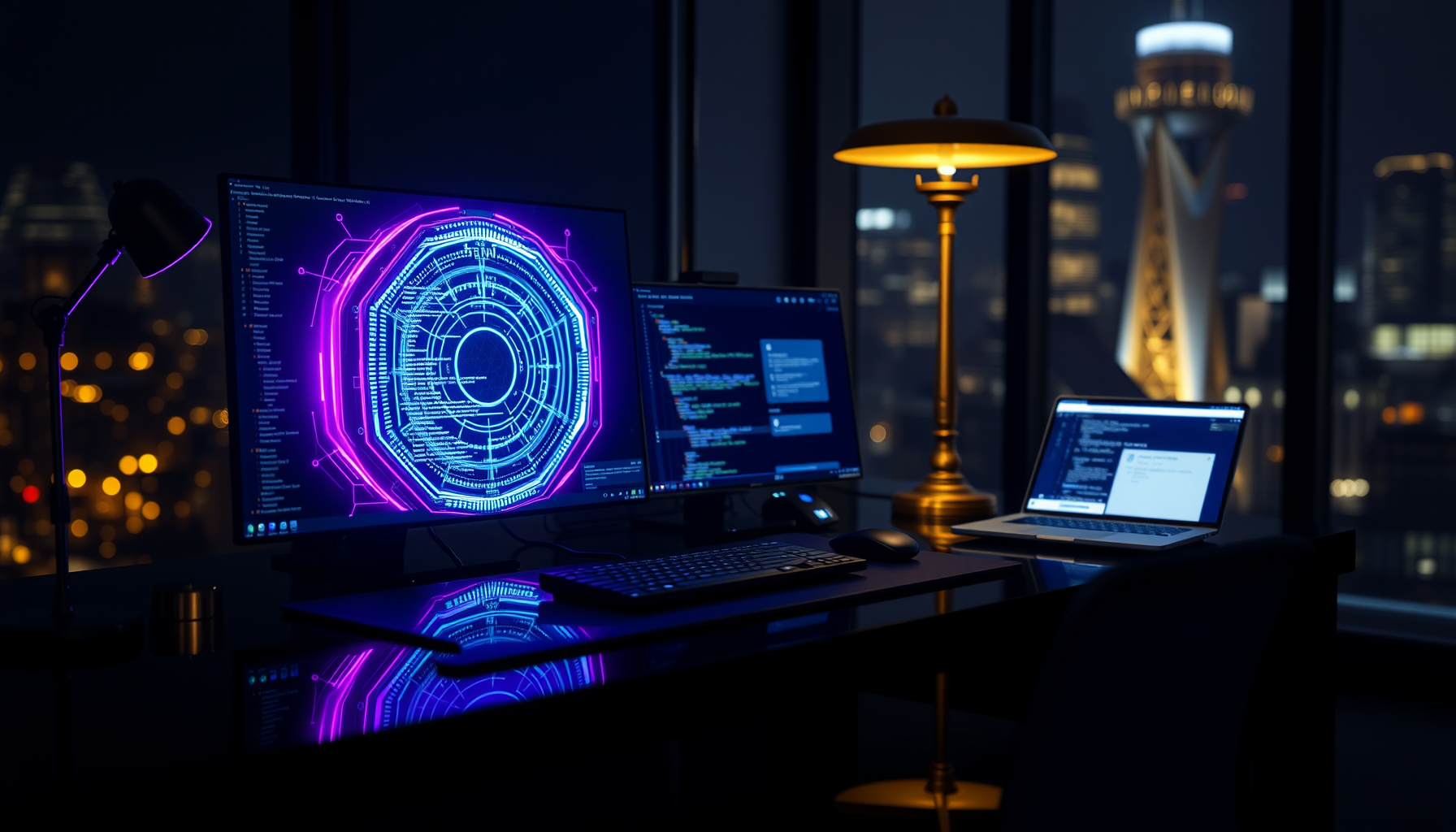 Wide cinematic night scene of a glowing plum-violet AI core above a London-style office desk, gold and platinum reflections on dark glass.