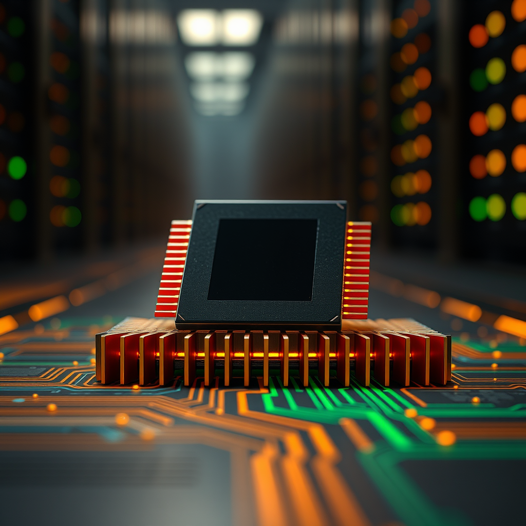 Close-up of a black computer chip with brass cooling fins glowing in warm orange light, circuit boards fading into a dark data-centre background.