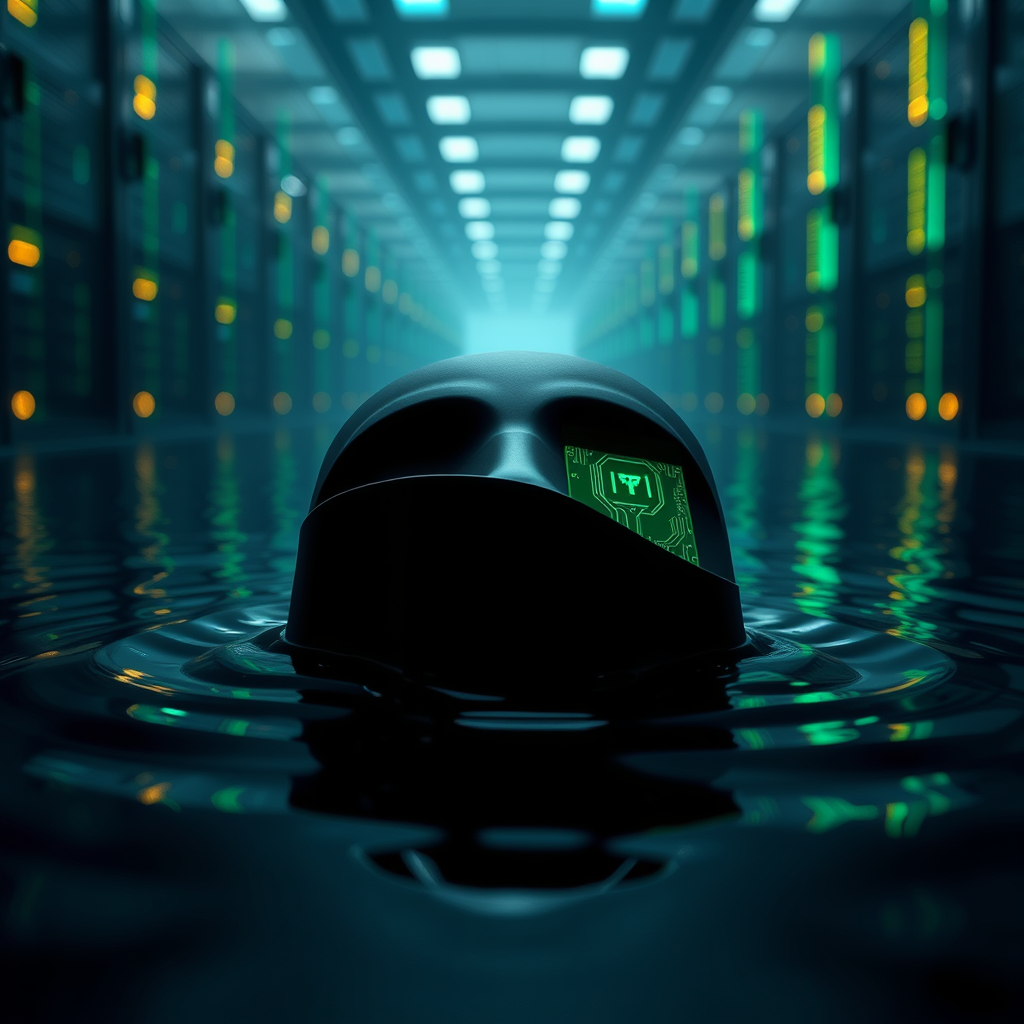 A dark editorial image showing a black AI processor surface peeling back to reveal polished emerald-green circuitry beneath, with faint glowing server racks in the background.