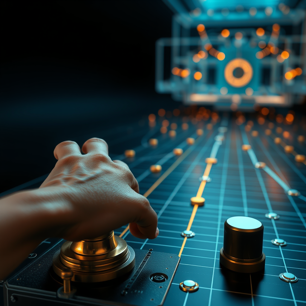 Abstract editorial visual in dark midnight tones with aged brass and platinum elements showing layered reasoning pathways and a human hand at a decision point, representing artificial general intelligence and human oversight.