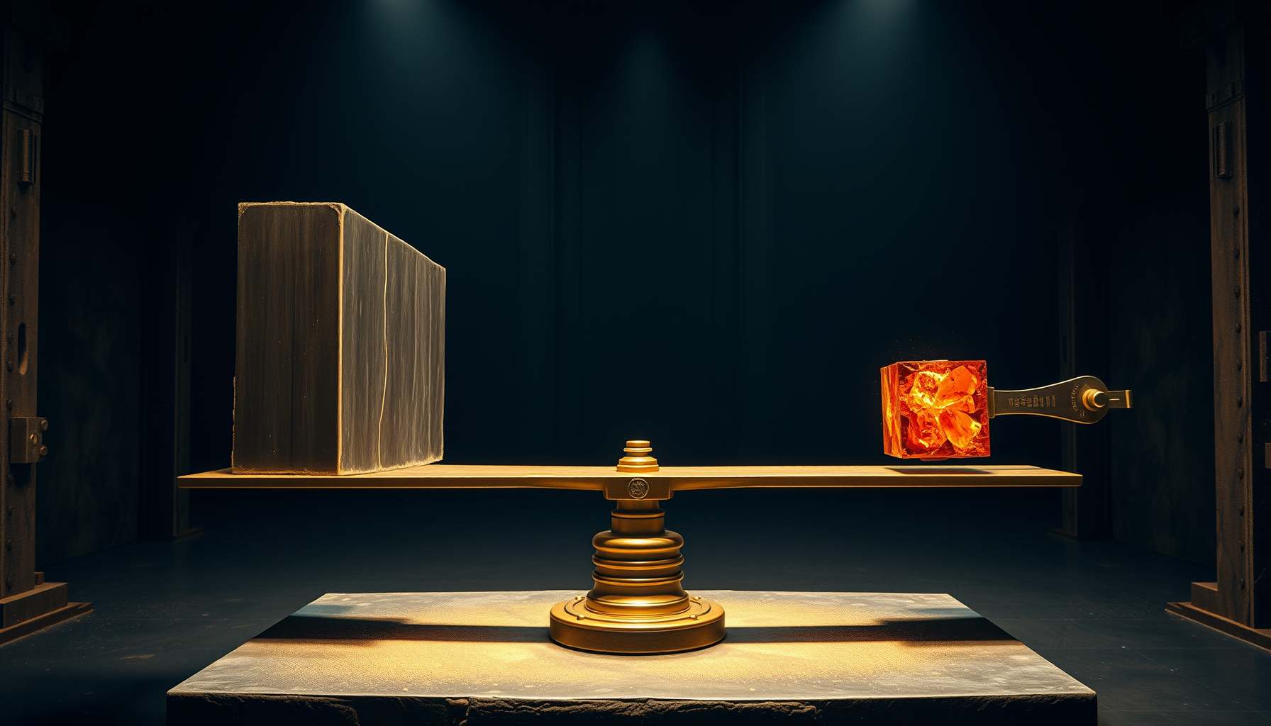 A dark vault where a towering slab of dull steel and dark glass is weighed on a brass balance against a small cube of densely packed burnt-orange glowing crystal held in polished brass calipers.