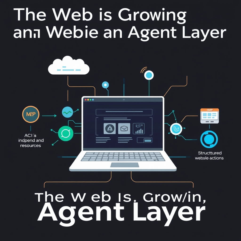 Abstract illustration of a business website connected to AI tools and collaborating agents through three distinct technical layers.