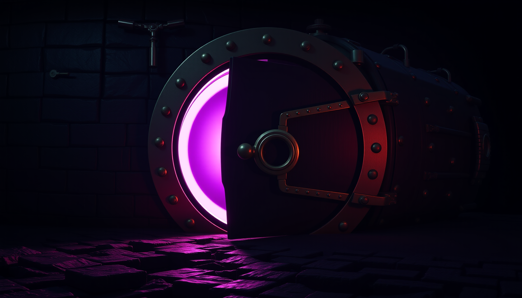 Wide night-time vault door with glowing plum key light and brass strongbox details