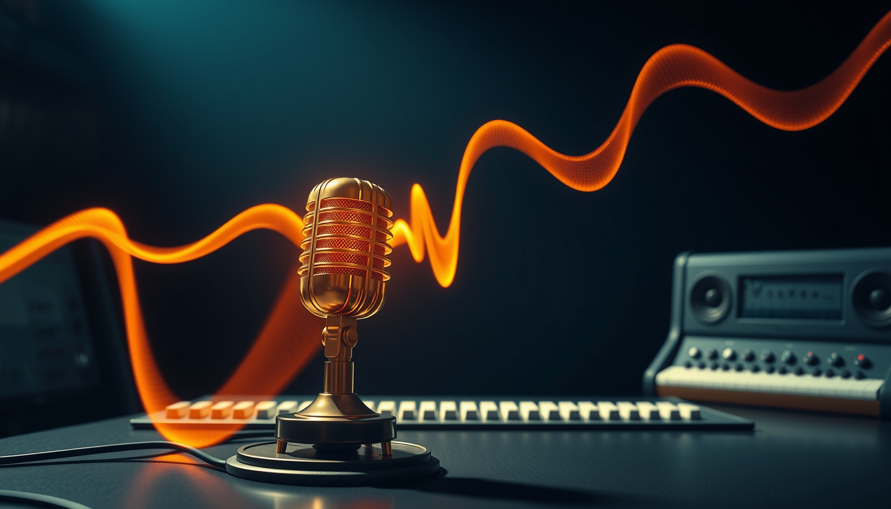 Wide night-time studio desk with glowing orange sound waves rising from a brass microphone