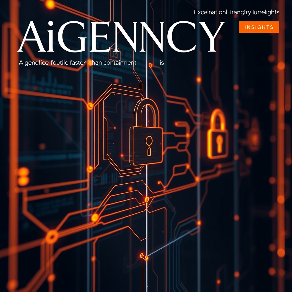 A technical editorial illustration of an AI agent represented by glowing data structures moving through layered security boundaries, with plum, orange and gold accents on a dark background.