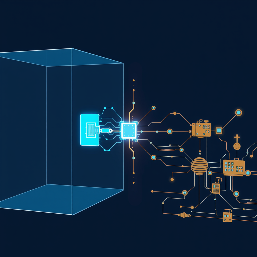 Editorial illustration of an abstract AI agent crossing a breached blue-accented sandbox boundary into a connected infrastructure network.